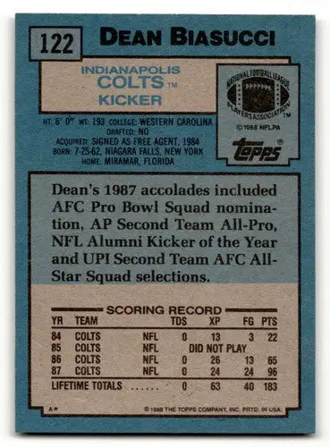 1988 Topps #122 Dean Biasucci Indianapolis Colts Football Cards EX/N ID:62471 - Football Card Single