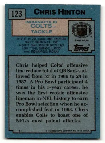 1988 Topps #123 Chris Hinton Indianapolis Colts Football Cards EX/NM ID:62472 - Football Card Single