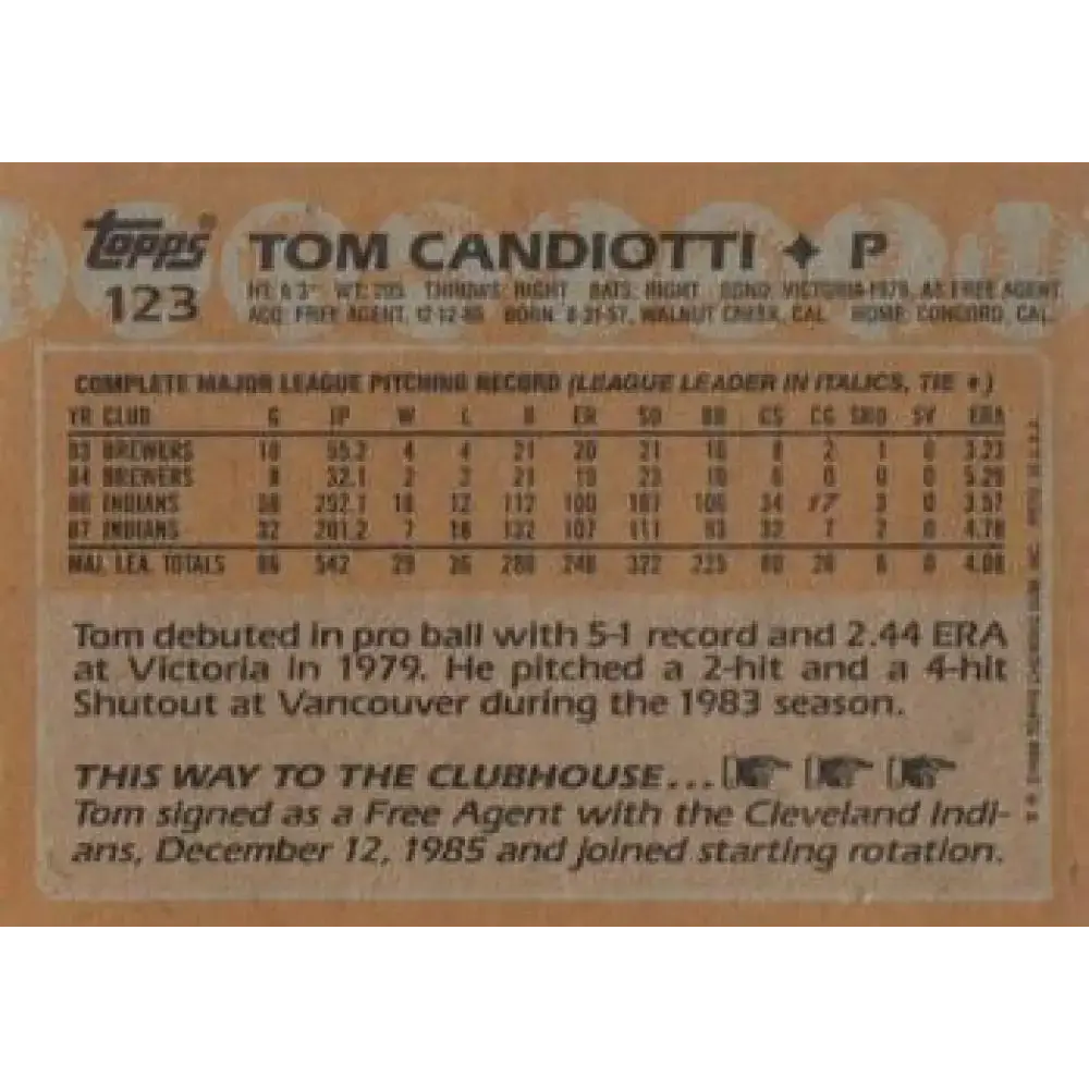 1988 Topps #123 Tom Candiotti NM-MT Cleveland Indians Baseball Card - Baseball Card Single