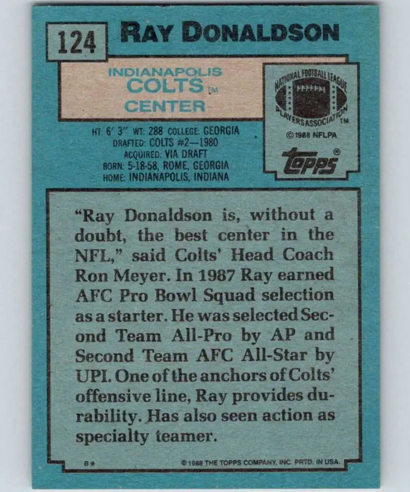 1988 Topps #124 Ray Donaldson EX Excellent Indianapolis Colts Football Card - Football Card Single