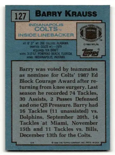 1988 Topps #127 Barry Krauss Indianapolis Colts Football Cards EX/NM ID:62476 - Football Card Single