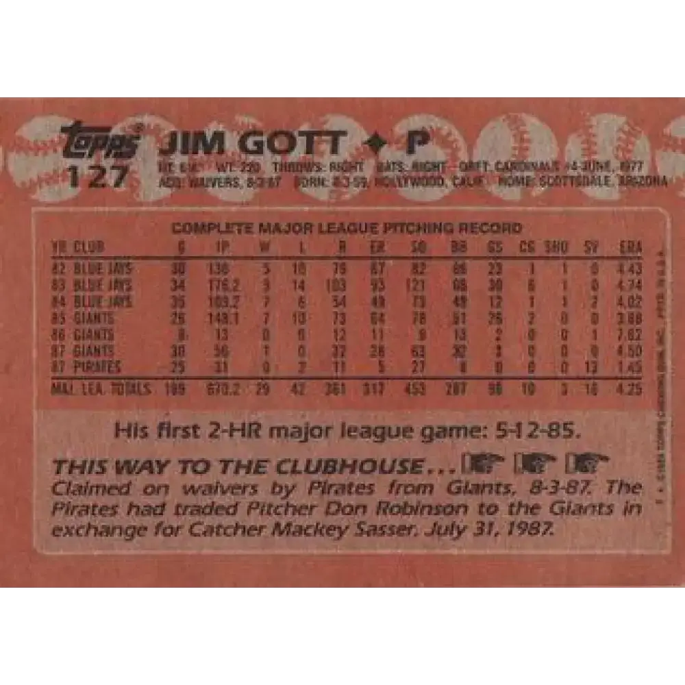 1988 Topps #127 Jim Gott NM-MT Pittsburgh Pirates Baseball Card - Baseball Card Single