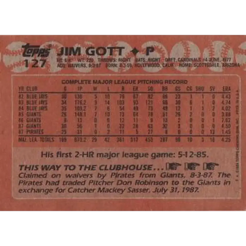 1988 Topps #127 Jim Gott NM-MT Pittsburgh Pirates Baseball Card - Baseball Card Single