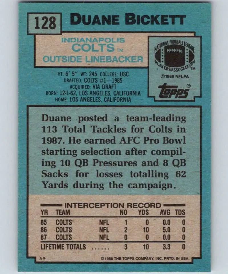 1988 Topps #128 Duane Bickett EX Excellent Indianapolis Colts Football Card - Football Card Single