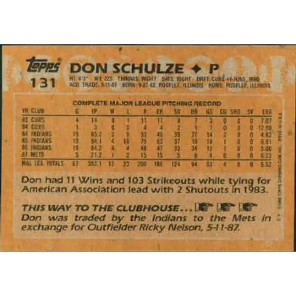 1988 Topps #131 Don Schulze NM-MT New York Mets Baseball Card - Baseball Card Single
