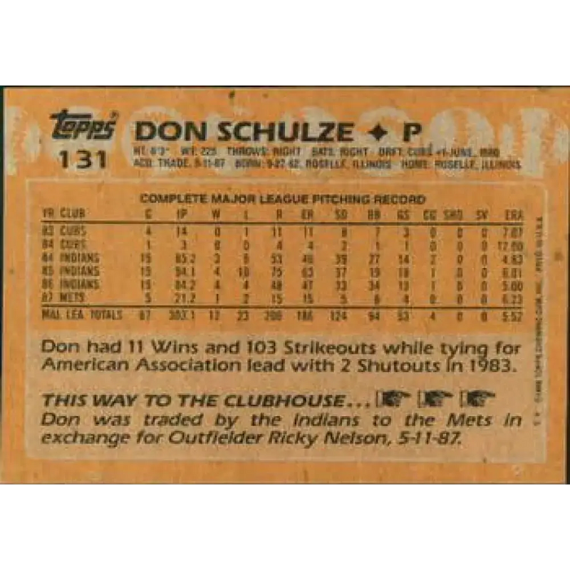 1988 Topps #131 Don Schulze NM-MT New York Mets Baseball Card - Baseball Card Single