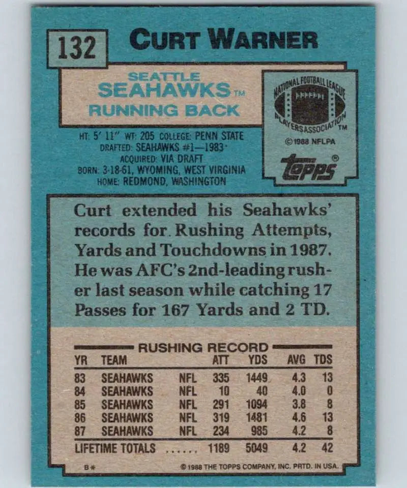 1988 Topps #132 Curt Warner EX Excellent Seattle Seahawks Football Card - Football Card Single