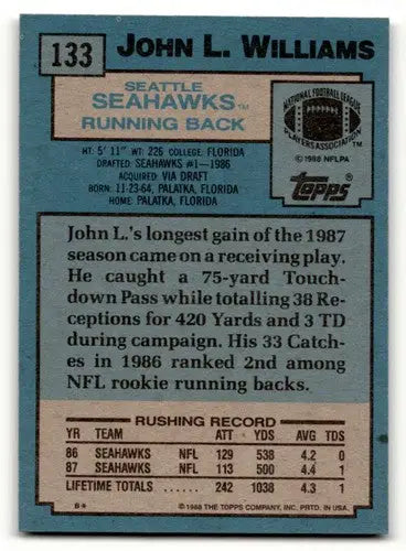 1988 Topps #133 John L. Williams Seattle Seahawks Football Cards EX/ ID:62482 - Football Card Single