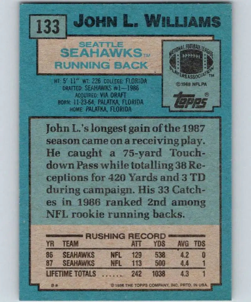 1988 Topps #133 John Williams EX Excellent Seattle Seahawks Football Card - Football Card Single