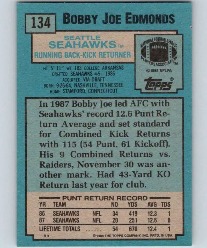 1988 Topps #134 Bobby Joe Edmonds EX Excellent Seattle Seahawks Football Card