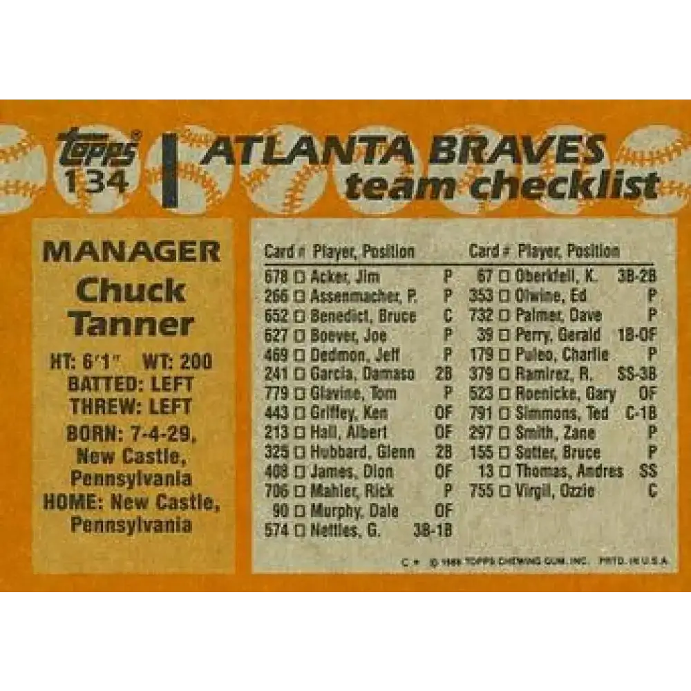1988 Topps #134 Chuck Tanner NM-MT Atlanta Braves Baseball Card - Baseball Card Single