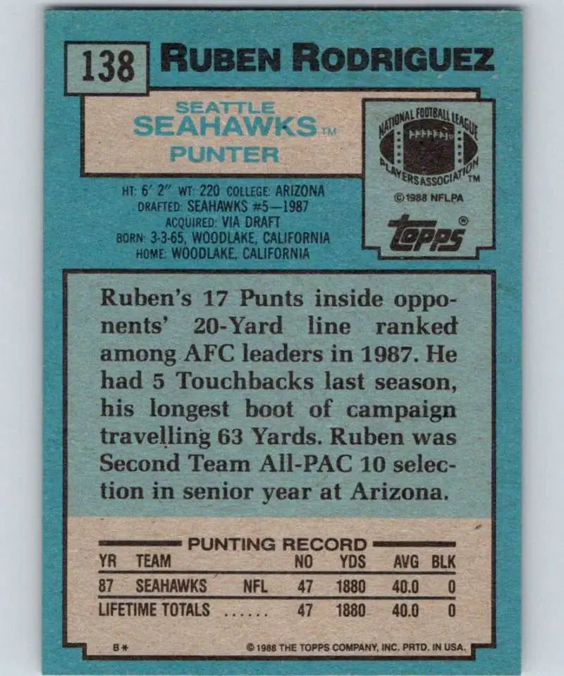 1988 Topps #138 Ruben Rodriguez EX Excellent Seattle Seahawks Football Card - Football Card Single