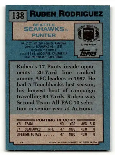 1988 Topps #138 Ruben Rodriguez Seattle Seahawks Football Cards EX/N ID:62487 - Football Card Single
