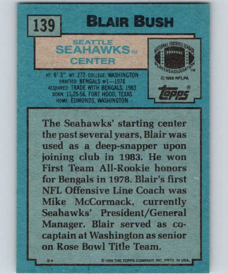 1988 Topps #139 Blair Bush EX Excellent Seattle Seahawks Football Card - Football Card Single