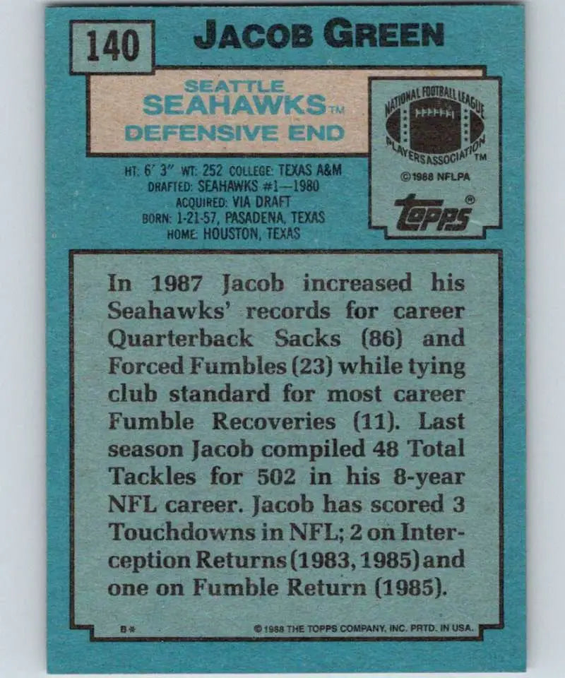 1988 Topps #140 Jacob Green EX Excellent Seattle Seahawks Football Card - Football Card Single