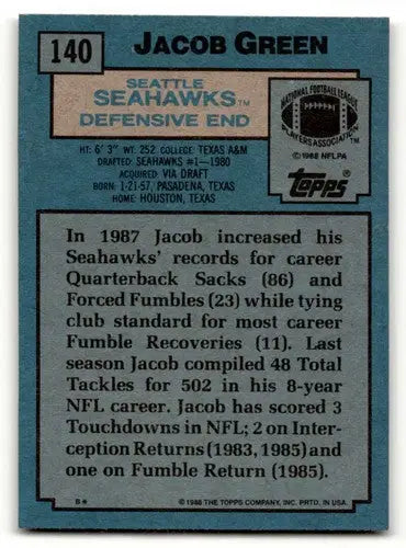 Original gloss Jacob Green Seattle Seahawks football card from 1988 Topps #140