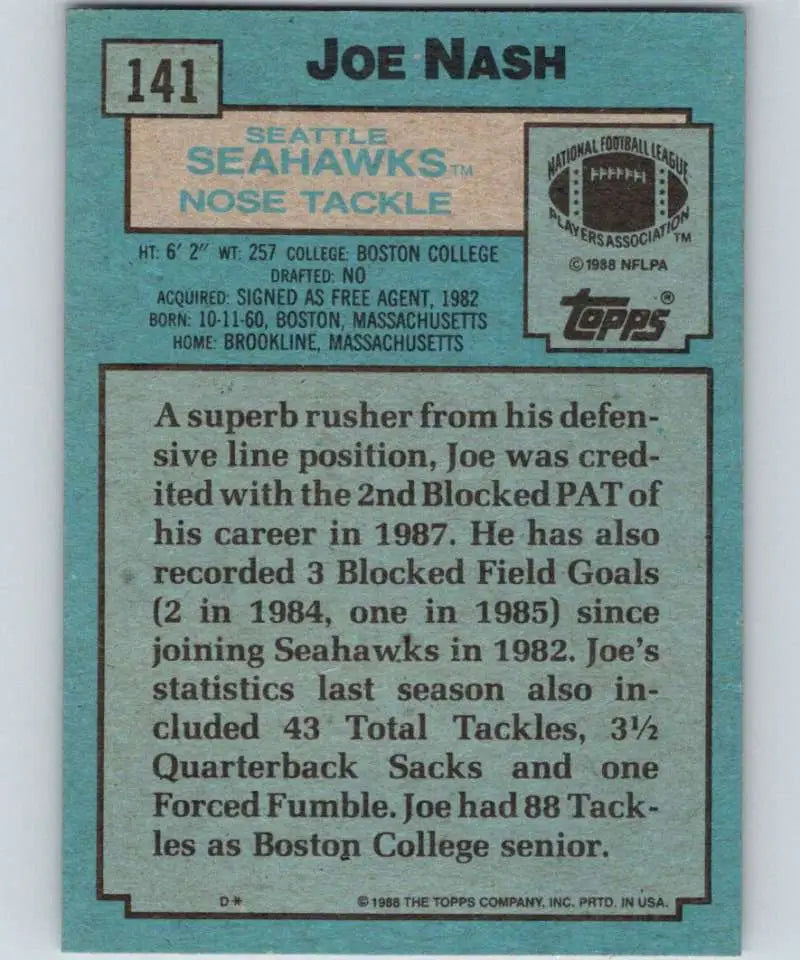 1988 Topps #141 Joe Nash EX Excellent Seattle Seahawks Football Card