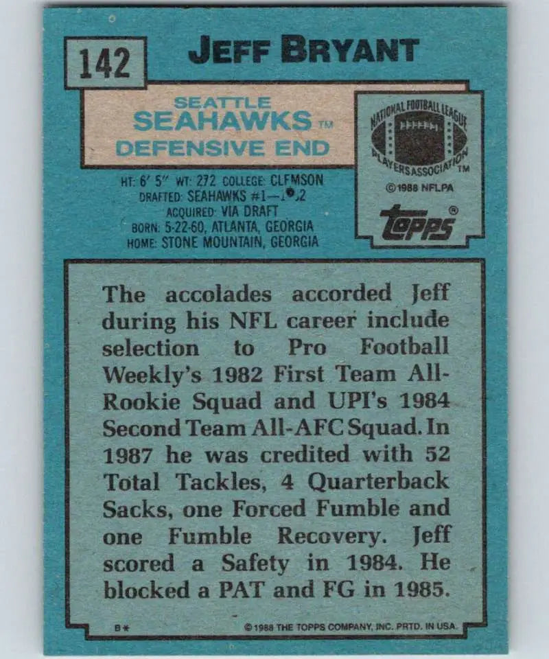 1988 Topps #142 Jeff Bryant EX Excellent Seattle Seahawks Football Card - Football Card Single