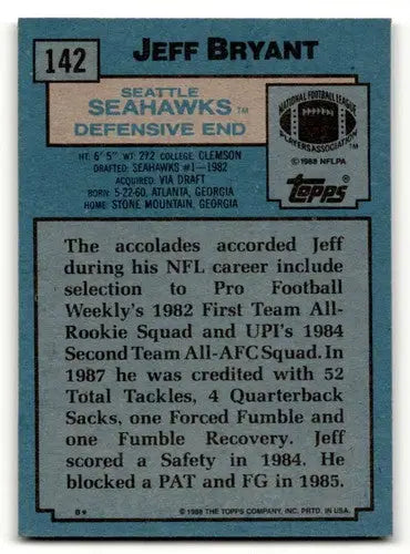 Jeff Bryant Seattle Seahawks football card from 1988 Topps #142 in EX/NM condition