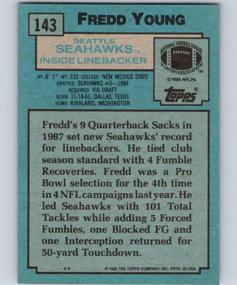 1988 Topps #143 Fredd Young EX Excellent Seattle Seahawks Football Card - Football Card Single