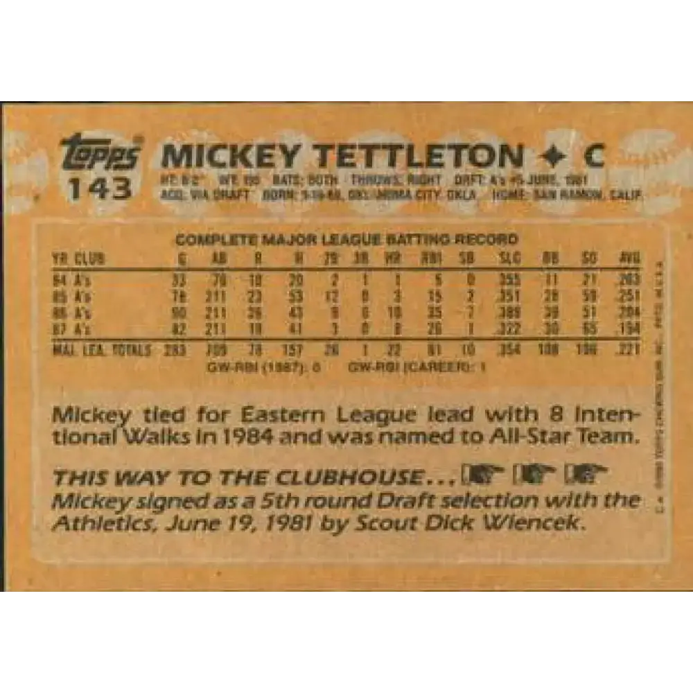 1988 Topps #143 Mickey Tettleton NM-MT Oakland Athletics Baseball Card - Baseball Card Single