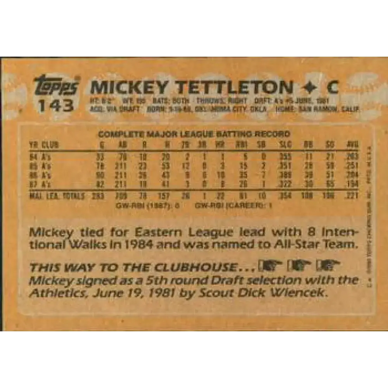 1988 Topps #143 Mickey Tettleton NM-MT Oakland Athletics Baseball Card - Baseball Card Single