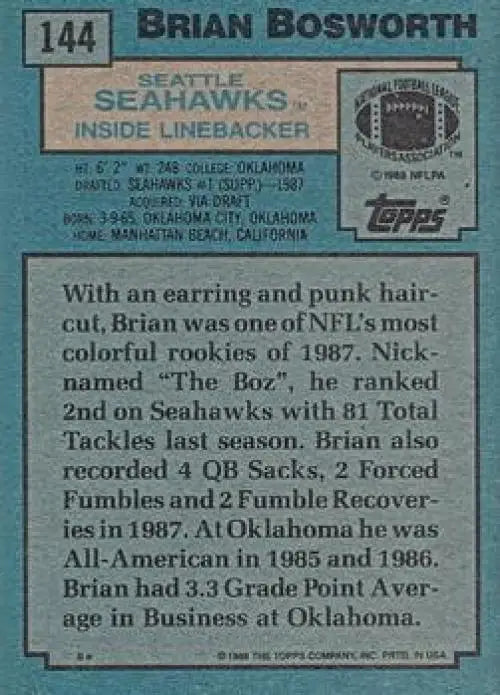 1988 Topps #144 Brian Bosworth EX Excellent RC Rookie Seattle Seahawks Football Card - Football Card Single