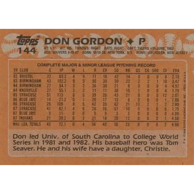 1988 Topps #144 Don Gordon NM-MT RC Rookie Cleveland Indians Baseball Card - Baseball Card Single