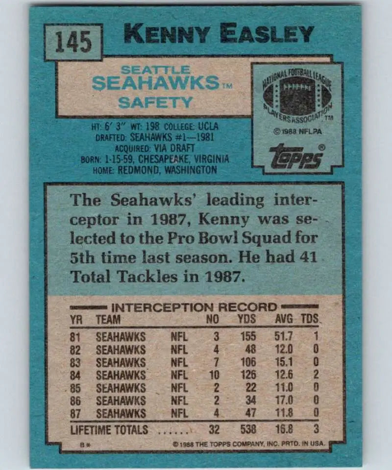 1988 Topps #145 Kenny Easley EX Excellent Seattle Seahawks Football Card - Football Card Single