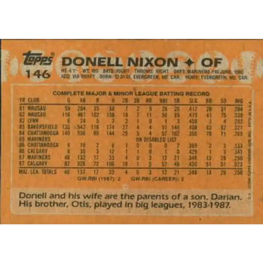 1988 Topps #146 Donell Nixon NM-MT RC Rookie Seattle Mariners Baseball Card - Baseball Card Single