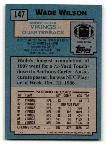 Original gloss Wade Wilson Minnesota Vikings football card from 1988 Topps #147
