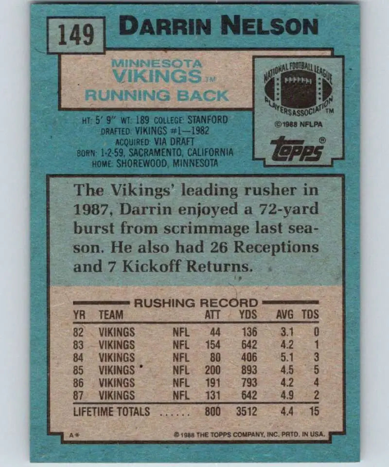 1988 Topps #149 Darrin Nelson EX Excellent Minnesota Vikings Football Card - Football Card Single