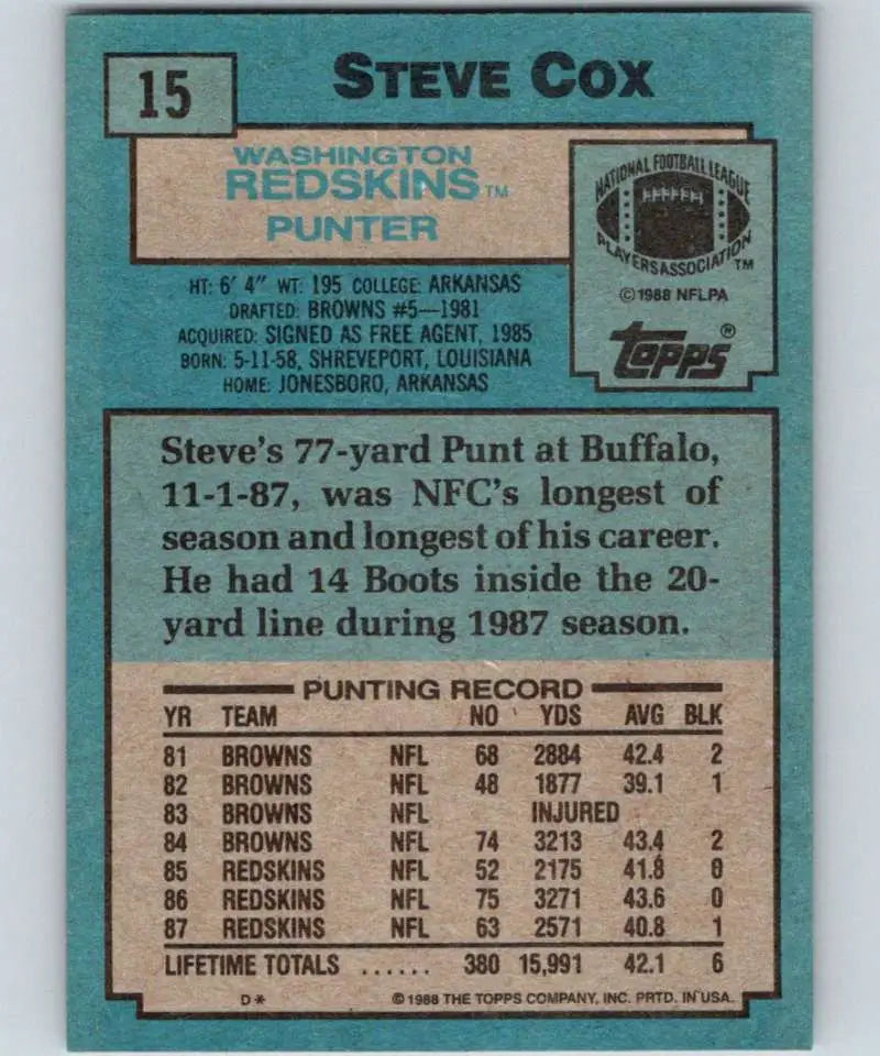 1988 Topps #15 Steve Cox EX Excellent Washington Redskins Football Card - Football Card Single