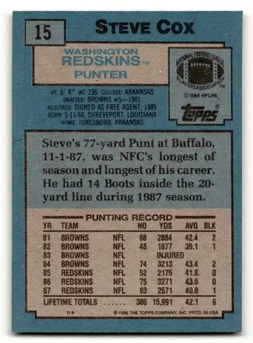 1988 Topps #15 Steve Cox Washington Redskins Football Cards EX/NM ID:62350 - Football Card Single