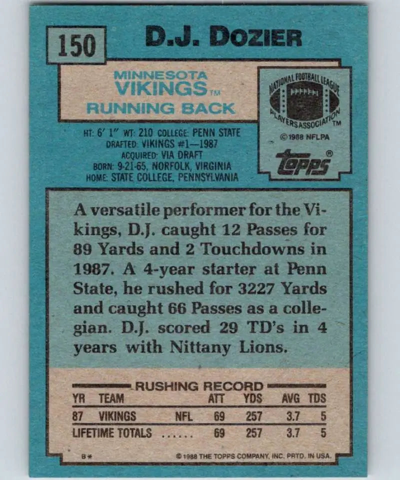 1988 Topps #150 D.J. Dozier EX Excellent RC Rookie Minnesota Vikings Football Card - Football Card Single