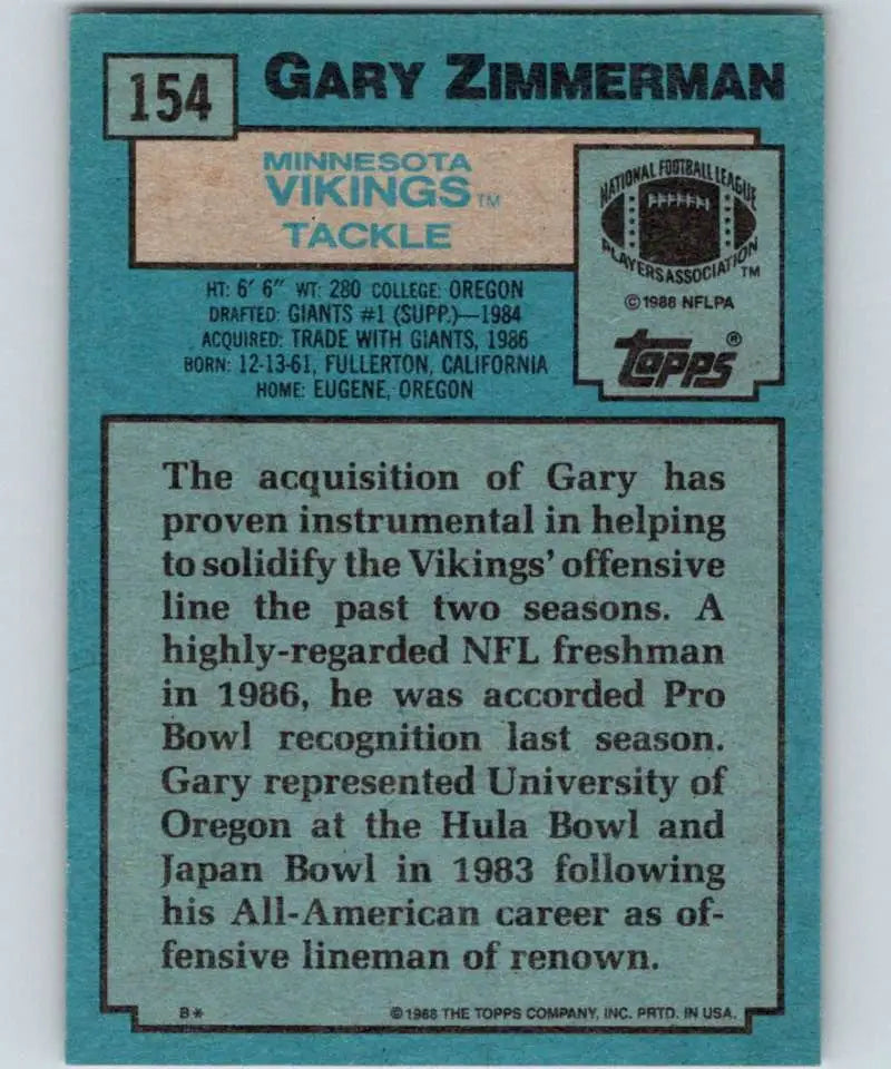 1988 Topps #154 Gary Zimmerman EX Excellent Minnesota Vikings Football Card - Football Card Single
