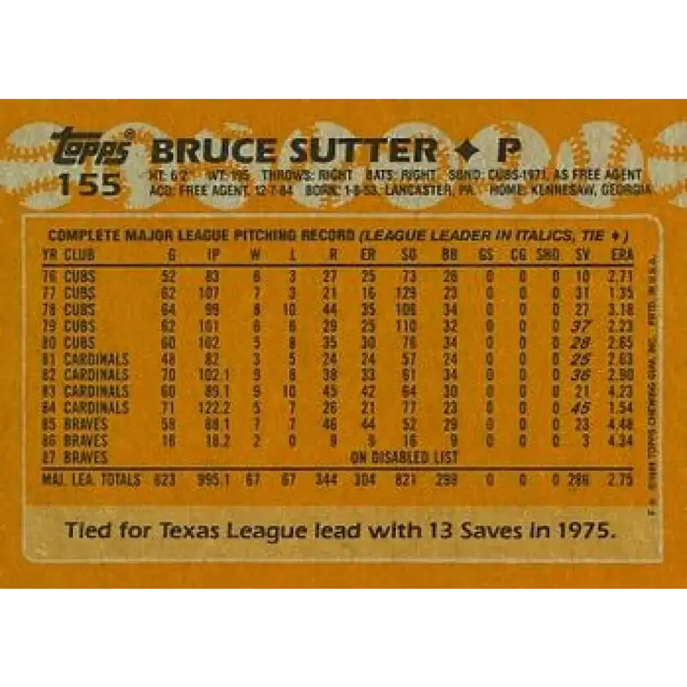 1988 Topps #155 Bruce Sutter NM-MT Atlanta Braves Baseball Card - Baseball Card Single