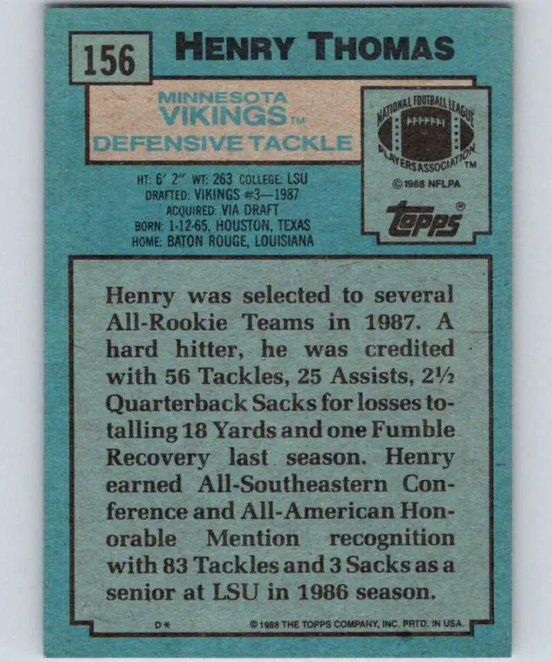 1988 Topps #156 Henry Thomas EX Excellent RC Rookie Minnesota Vikings Football Card - Football Card Single