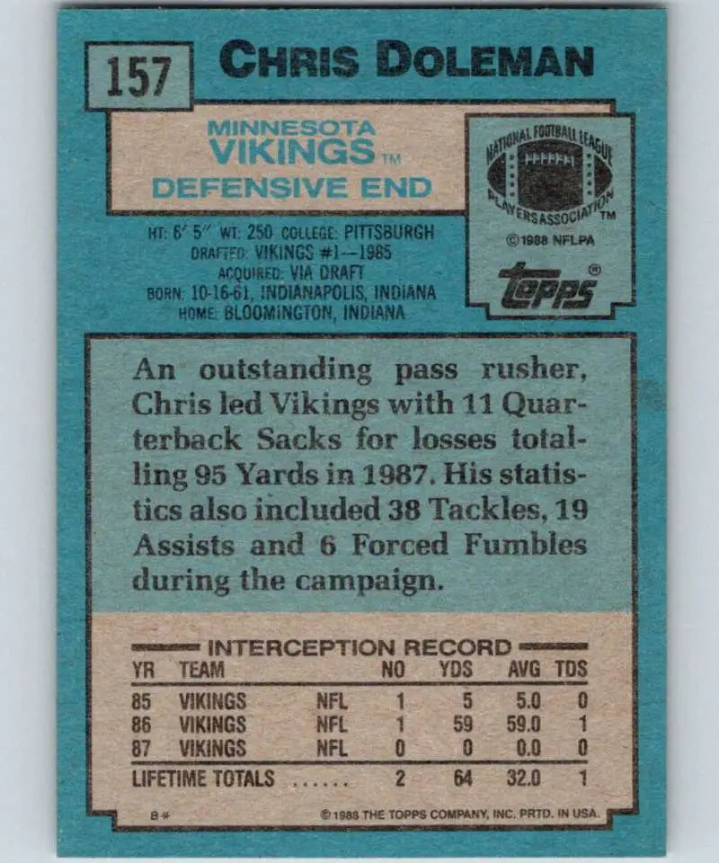 1988 Topps #157 Chris Doleman EX Excellent RC Rookie Minnesota Vikings Football Card - Football Card Single