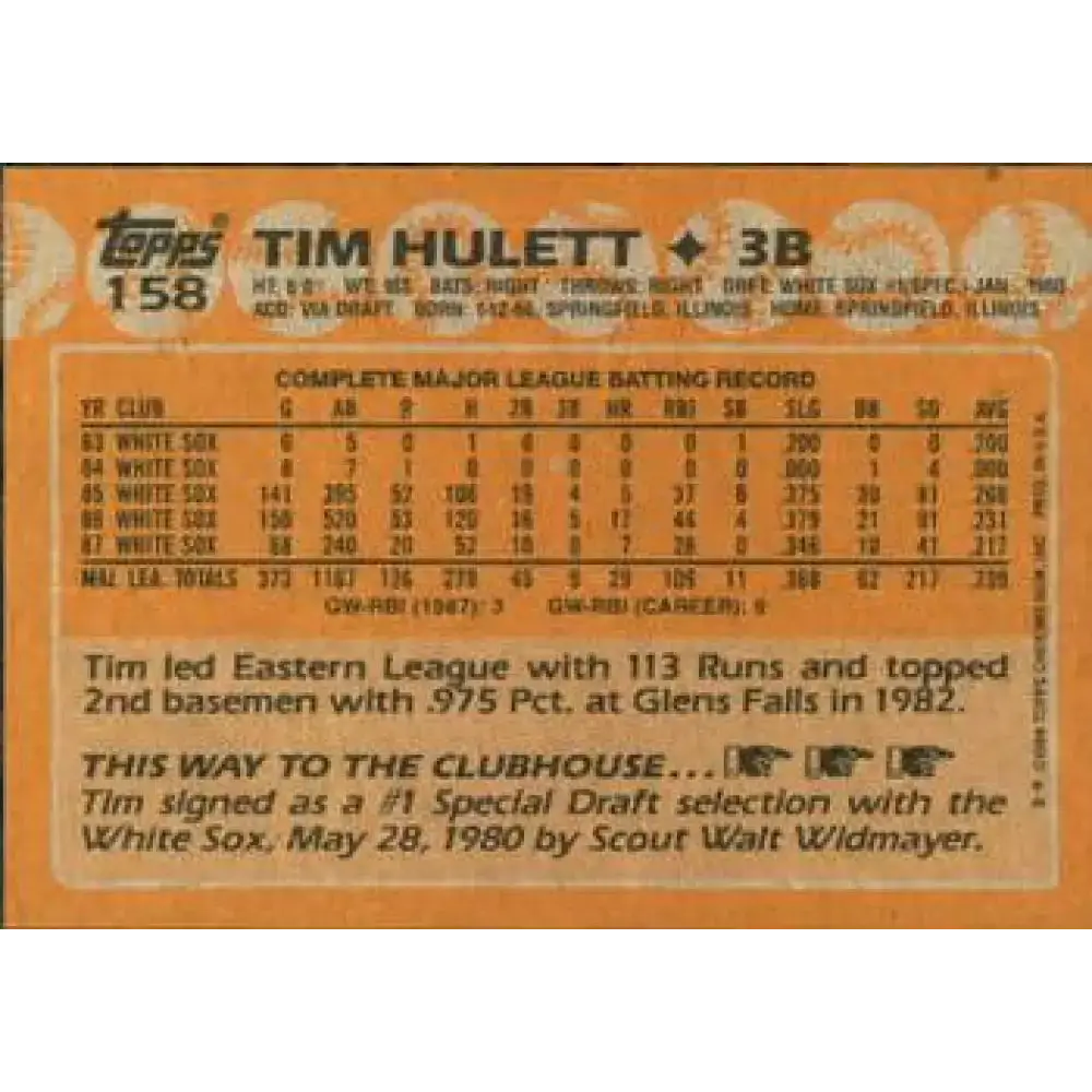 1988 Topps #158 Tim Hulett NM-MT Chicago White Sox Baseball Card - Baseball Card Single