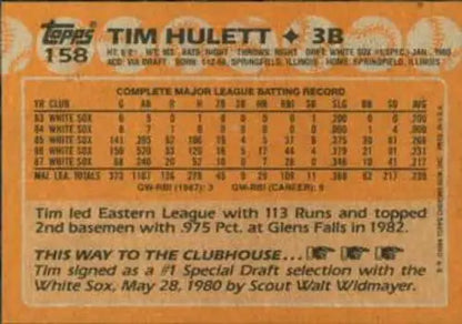 Tim Hulett baseball card back from 1988 Topps #158 with original gloss, White Sox