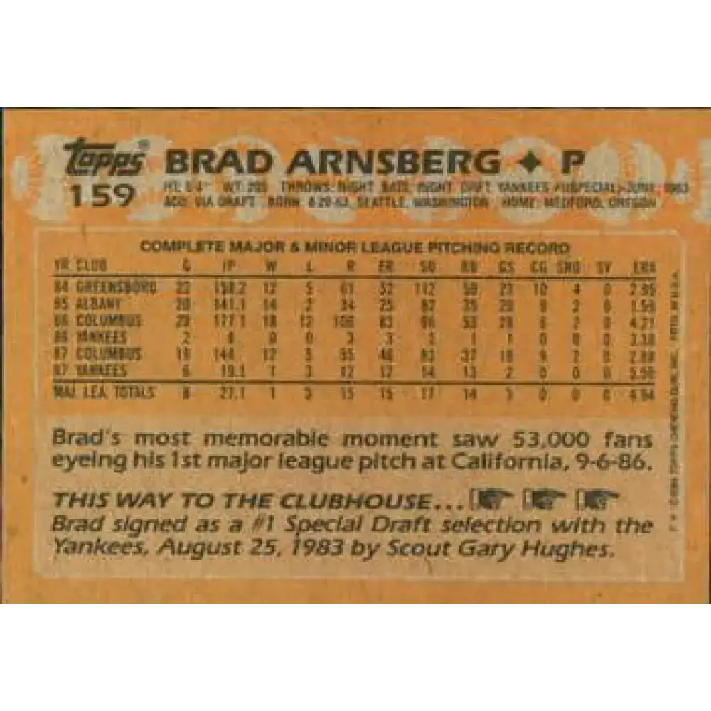 1988 Topps #159 Brad Arnsberg NM-MT RC Rookie New York Yankees Baseball Card - Baseball Card Single