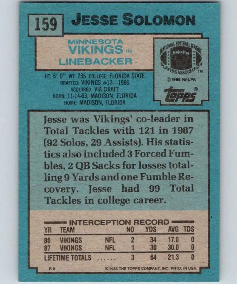1988 Topps #159 Jesse Solomon EX Excellent RC Rookie Minnesota Vikings Football Card - Football Card Single