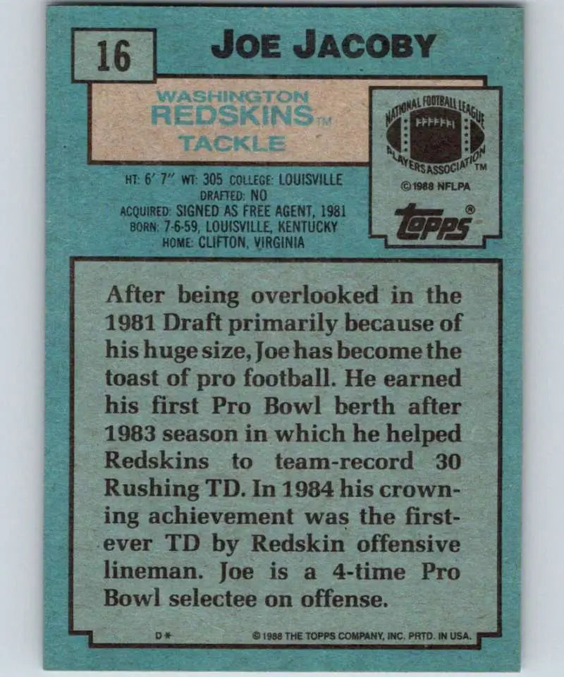 1988 Topps #16 Joe Jacoby EX Excellent Washington Redskins Football Card - Football Card Single