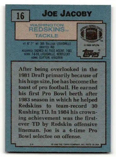 Joe Jacoby Washington football card from 1988 Topps #16 featuring Jacoby Washington Redskins