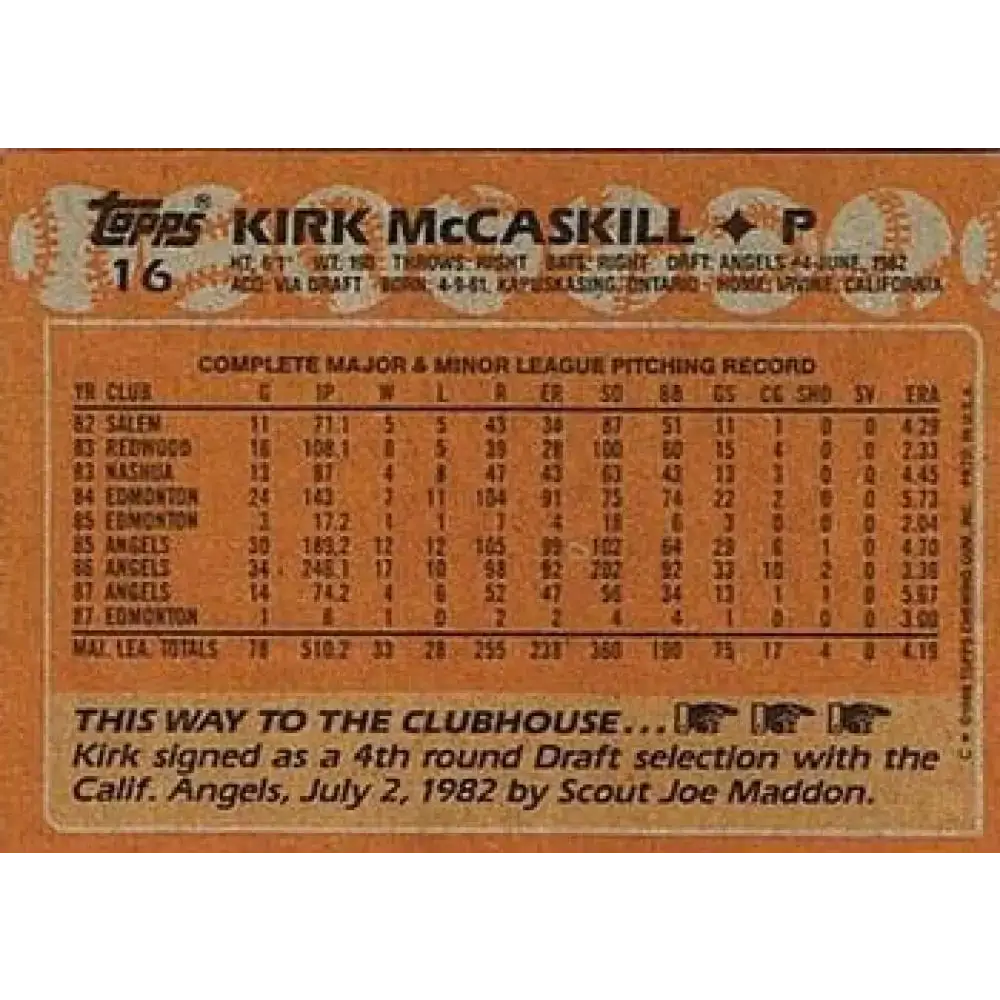 1988 Topps #16 Kirk McCaskill NM-MT California Angels Baseball Card