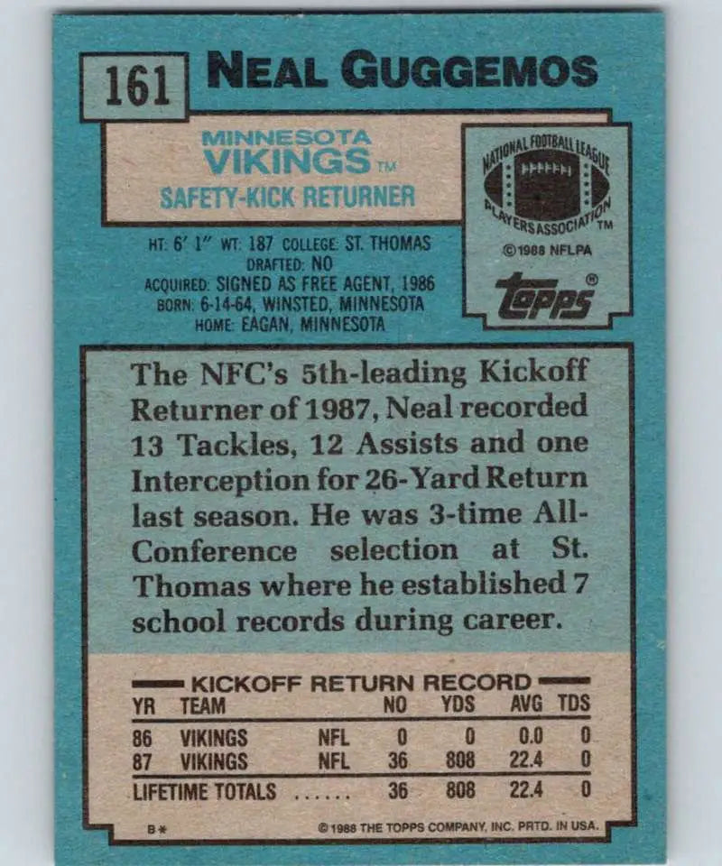 1988 Topps #161 Neal Guggemos EX Excellent Minnesota Vikings Football Card - Football Card Single