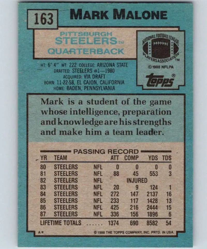 1988 Topps #163 Mark Malone EX Excellent Pittsburgh Steelers Football Card - Football Card Single
