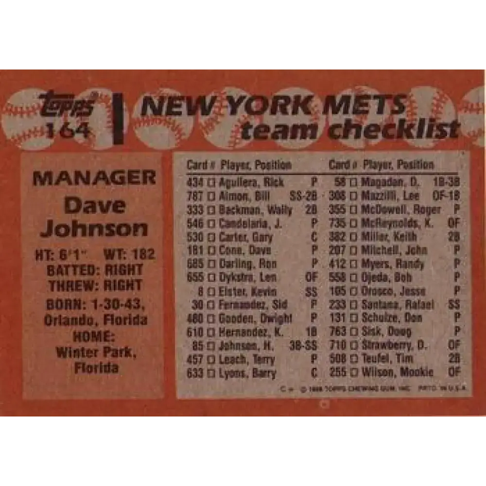1988 Topps #164 Dave Johnson NM-MT New York Mets Baseball Card - Baseball Card Single