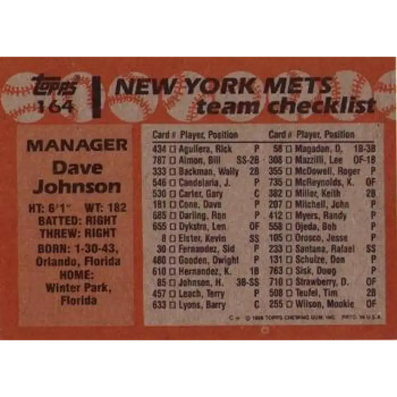 1988 Topps #164 Dave Johnson NM-MT New York Mets Baseball Card - Baseball Card Single